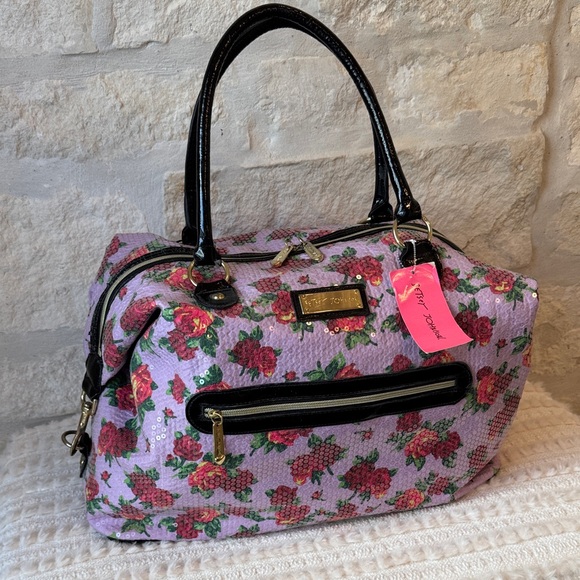 Betsey Johnson Handbags - Betsey Johnson-Pink Floral Travel Bag with Black Accents